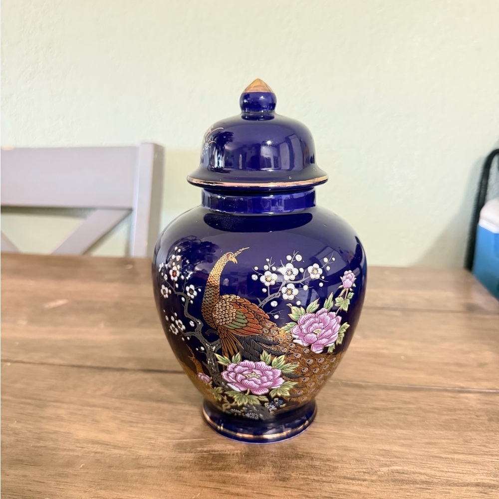 Vintage Cobalt Blue Porcelain Ginger Jar Hand Painted Gold Trim Floral Bird Deco